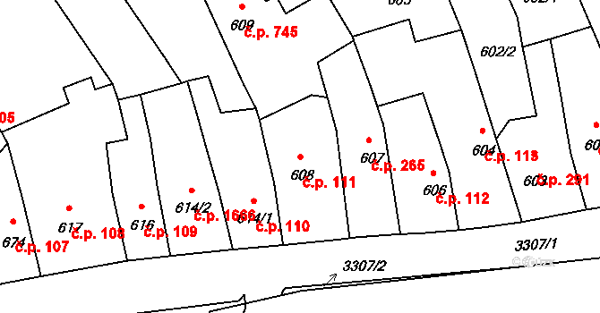 Pelhřimov 111 na parcele st. 608 v KÚ Pelhřimov, Katastrální mapa