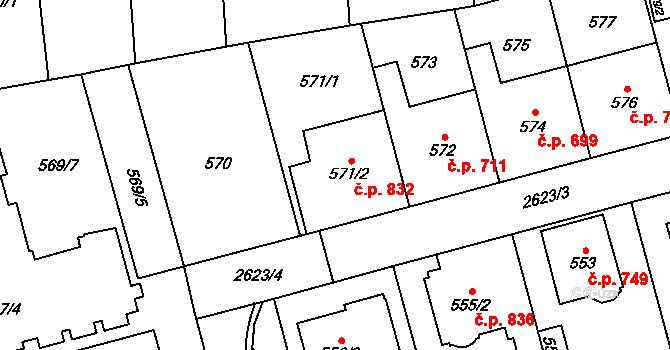 Radotín 832, Praha na parcele st. 571/2 v KÚ Radotín, Katastrální mapa
