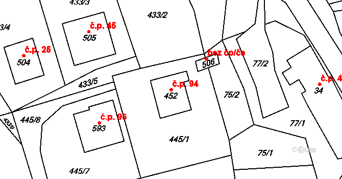 Svinaře 94 na parcele st. 452 v KÚ Svinaře, Katastrální mapa