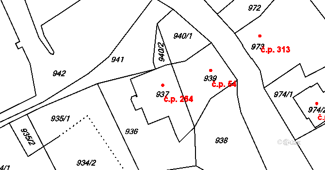 Rumburk 2-Horní Jindřichov 264, Rumburk na parcele st. 937 v KÚ Horní Jindřichov, Katastrální mapa