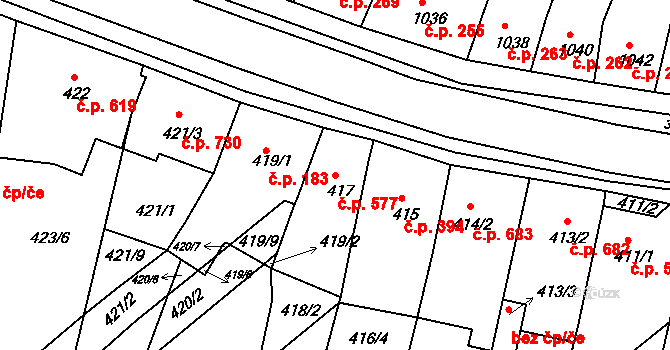 Střelice 577 na parcele st. 417 v KÚ Střelice u Brna, Katastrální mapa