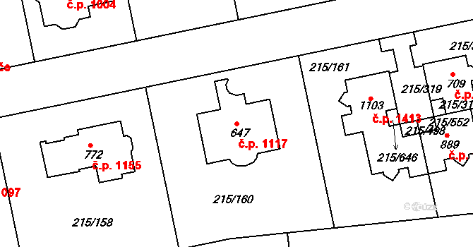 Rudná 1117 na parcele st. 647 v KÚ Hořelice, Katastrální mapa