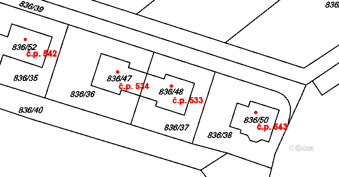 Zruč 533, Zruč-Senec na parcele st. 836/48 v KÚ Zruč, Katastrální mapa