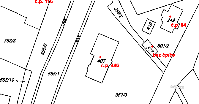 Lubina 446, Kopřivnice na parcele st. 407 v KÚ Drnholec nad Lubinou, Katastrální mapa