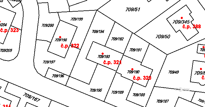 Popůvky 321 na parcele st. 709/193 v KÚ Popůvky u Brna, Katastrální mapa
