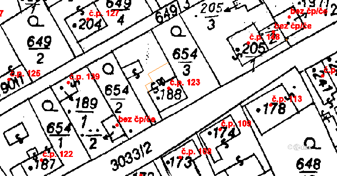 Poříčí nad Sázavou 123 na parcele st. 188 v KÚ Poříčí nad Sázavou, Katastrální mapa