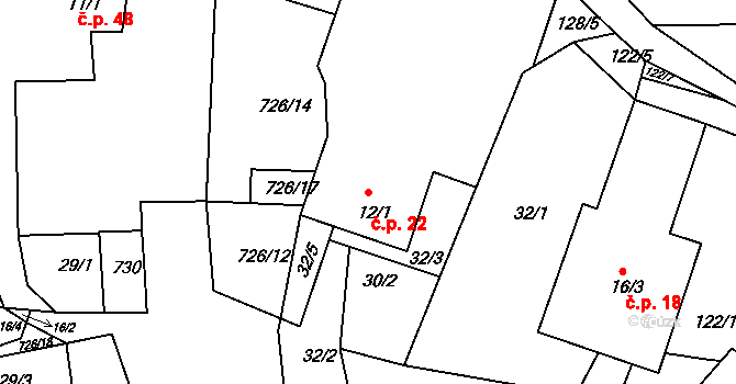 Hodíškov 22 na parcele st. 12/1 v KÚ Hodíškov, Katastrální mapa