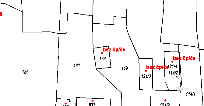 Kožlany 42103878 na parcele st. 123 v KÚ Kožlany, Katastrální mapa