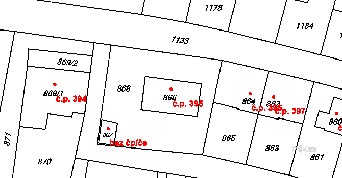 Vítkov 395 na parcele st. 866 v KÚ Vítkov, Katastrální mapa