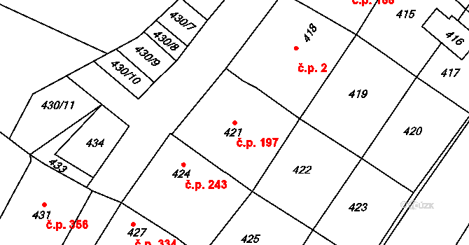Tupesy 197 na parcele st. 421 v KÚ Tupesy na Moravě, Katastrální mapa