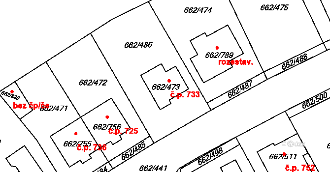 Moravany 733 na parcele st. 662/473 v KÚ Moravany u Brna, Katastrální mapa