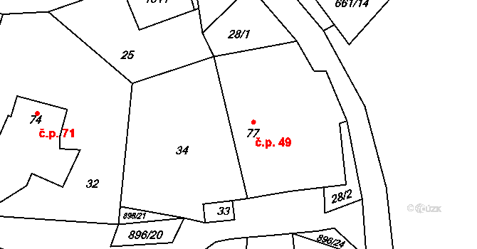 Zderaz 49 na parcele st. 77 v KÚ Zderaz, Katastrální mapa