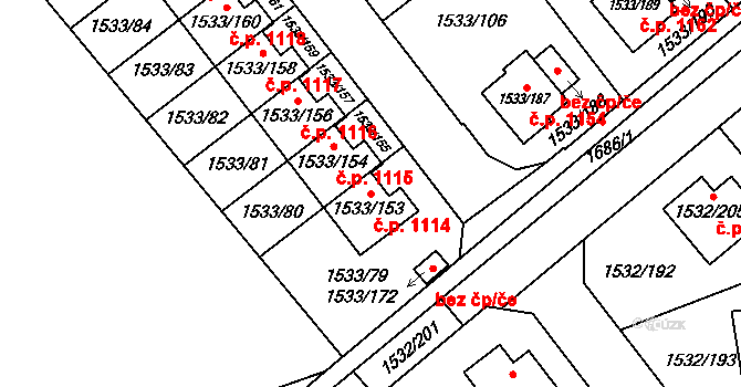 Řeporyje 1114, Praha na parcele st. 1533/153 v KÚ Řeporyje, Katastrální mapa