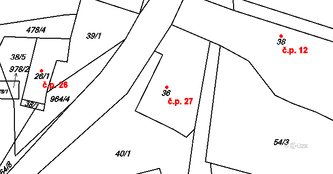 Vlkošov 27, Bezvěrov na parcele st. 36 v KÚ Vlkošov, Katastrální mapa