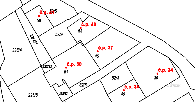 Kozinec 37, Holubice na parcele st. 45 v KÚ Kozinec, Katastrální mapa