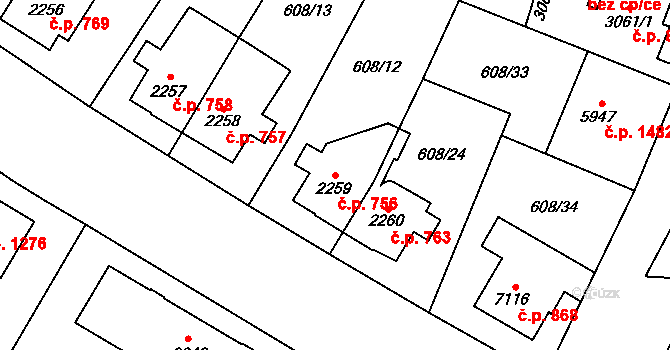 Bílé Předměstí 756, Pardubice na parcele st. 2259 v KÚ Pardubice, Katastrální mapa