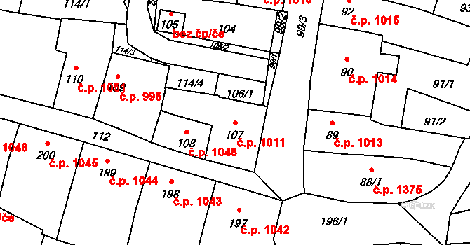 Mohelnice 1011 na parcele st. 107 v KÚ Mohelnice, Katastrální mapa