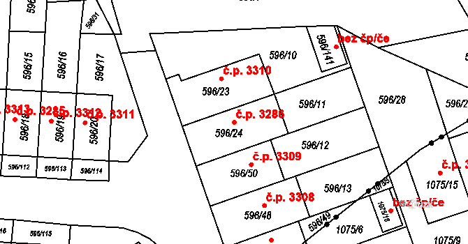 Znojmo 3286 na parcele st. 596/24 v KÚ Znojmo-Louka, Katastrální mapa