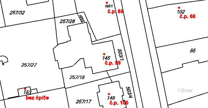 Chvalovice 99, Kovanice na parcele st. 145 v KÚ Chvalovice u Nymburka, Katastrální mapa