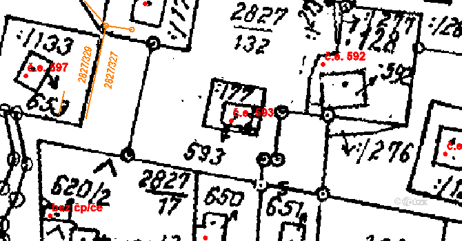 Tvarožná Lhota 593 na parcele st. 593 v KÚ Tvarožná Lhota, Katastrální mapa