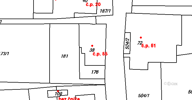 Rudíkovy 55, Třemešná na parcele st. 38 v KÚ Rudíkovy, Katastrální mapa