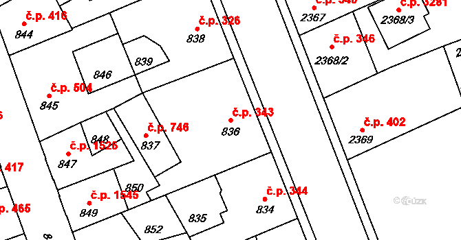 Kročehlavy 343, Kladno na parcele st. 836 v KÚ Kročehlavy, Katastrální mapa