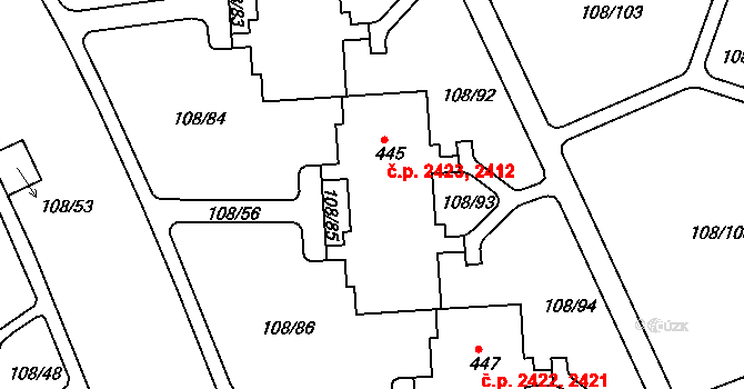 Šumperk 2412,2423 na parcele st. 445 v KÚ Dolní Temenice, Katastrální mapa