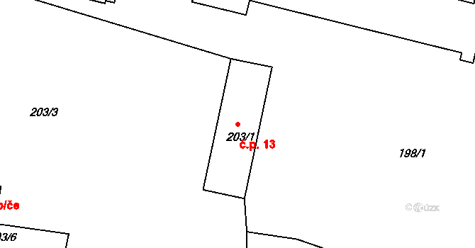 Kamenný Dvůr 13, Kynšperk nad Ohří na parcele st. 203/1 v KÚ Kamenný Dvůr, Katastrální mapa