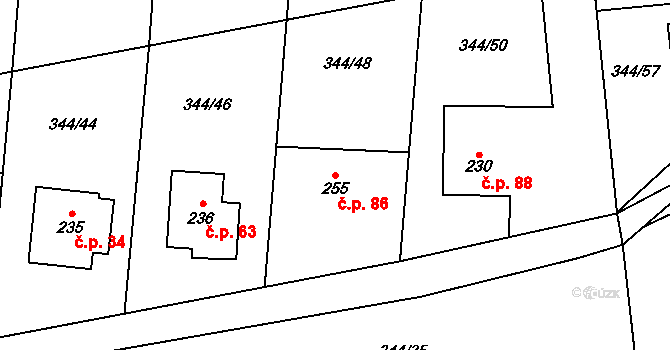 Mšené-lázně 86 na parcele st. 255 v KÚ Mšené-lázně, Katastrální mapa