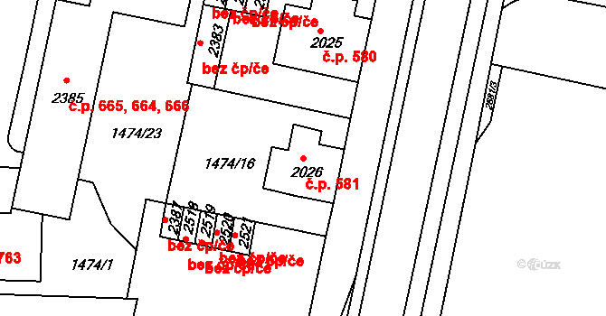 Chrudim III 581, Chrudim na parcele st. 2026 v KÚ Chrudim, Katastrální mapa
