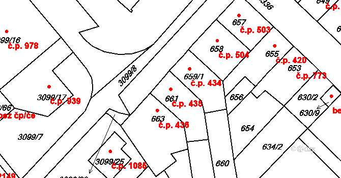 Pelhřimov 435 na parcele st. 661 v KÚ Pelhřimov, Katastrální mapa