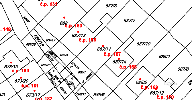 Rozdrojovice 167 na parcele st. 687/11 v KÚ Rozdrojovice, Katastrální mapa