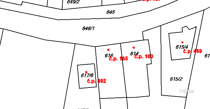 Želešice 165 na parcele st. 616 v KÚ Želešice, Katastrální mapa