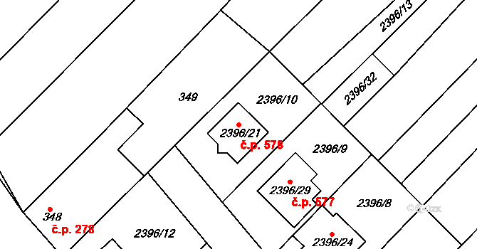 Hrušky 578 na parcele st. 2396/21 v KÚ Hrušky, Katastrální mapa