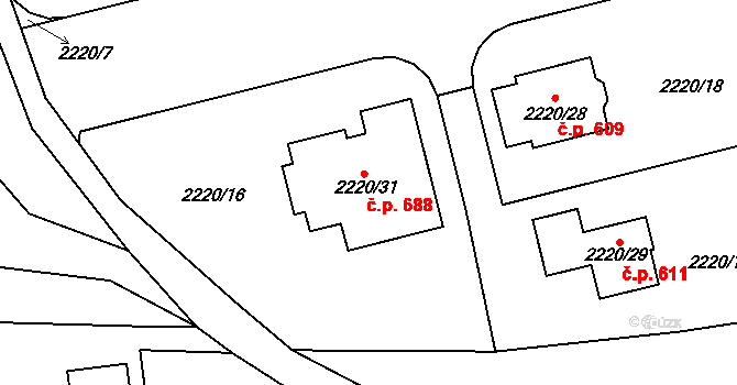 Lipence 688, Praha na parcele st. 2220/31 v KÚ Lipence, Katastrální mapa