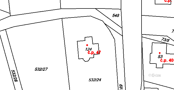 Čeňovice 47, Teplýšovice na parcele st. 124 v KÚ Čeňovice, Katastrální mapa