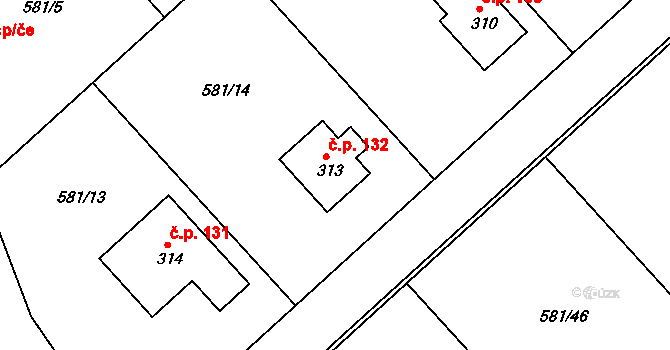 Bačetín 132 na parcele st. 313 v KÚ Bačetín, Katastrální mapa