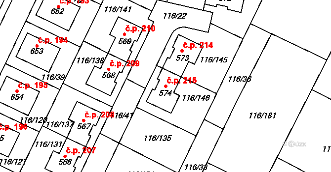 Horoušany 215 na parcele st. 574 v KÚ Horoušany, Katastrální mapa