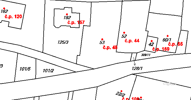 Kozomín 48 na parcele st. 53 v KÚ Kozomín, Katastrální mapa