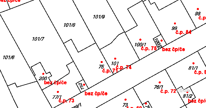 Drahelčice 71 na parcele st. 75 v KÚ Drahelčice, Katastrální mapa