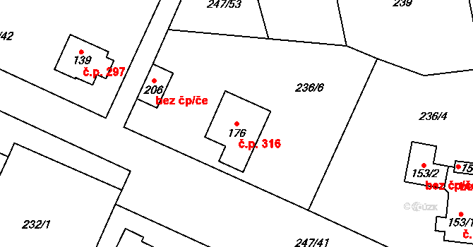 Tuchoměřice 316 na parcele st. 176 v KÚ Kněžívka, Katastrální mapa