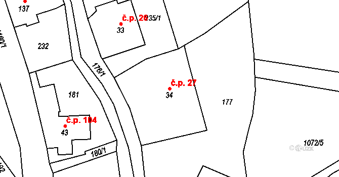Horní Radechová 27 na parcele st. 34 v KÚ Horní Radechová, Katastrální mapa