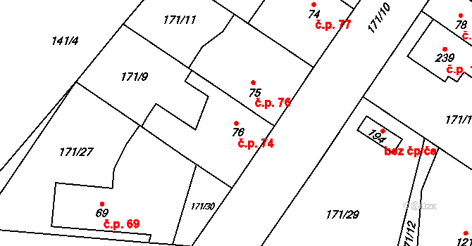 Černá za Bory 74, Pardubice na parcele st. 76 v KÚ Černá za Bory, Katastrální mapa