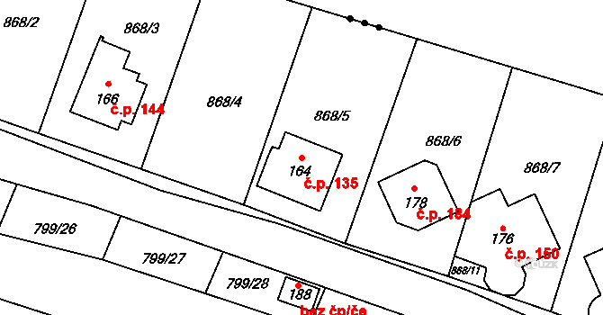Vranová 135 na parcele st. 164 v KÚ Vranová u Letovic, Katastrální mapa