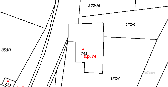 Lubina 74, Kopřivnice na parcele st. 103 v KÚ Drnholec nad Lubinou, Katastrální mapa