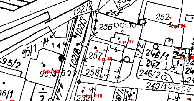 Dolní Sekyřany 45, Heřmanova Huť na parcele st. 257 v KÚ Dolní Sekyřany, Katastrální mapa