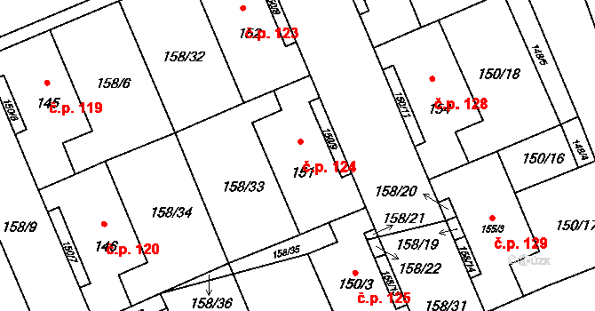 Liběšice 124 na parcele st. 151 v KÚ Liběšice u Žatce, Katastrální mapa
