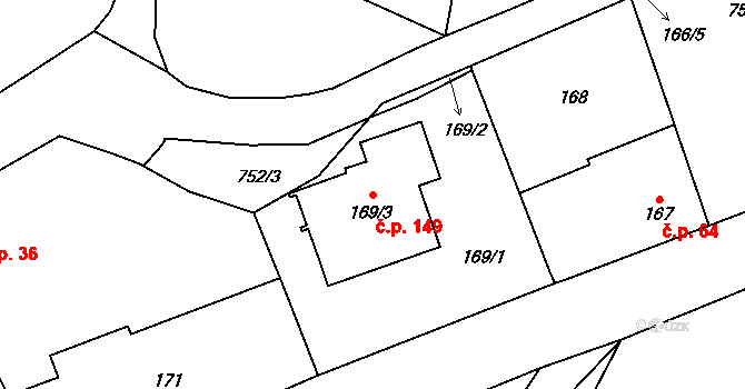 Přední Kopanina 149, Praha na parcele st. 169/3 v KÚ Přední Kopanina, Katastrální mapa