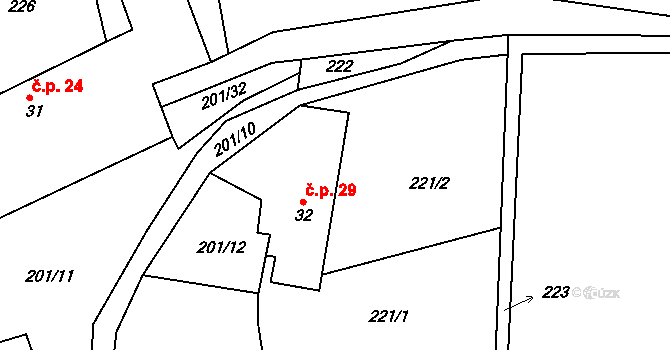 Třebčice 29 na parcele st. 32 v KÚ Třebčice, Katastrální mapa