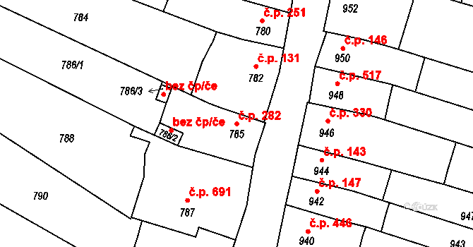 Koryčany 282 na parcele st. 785 v KÚ Koryčany, Katastrální mapa